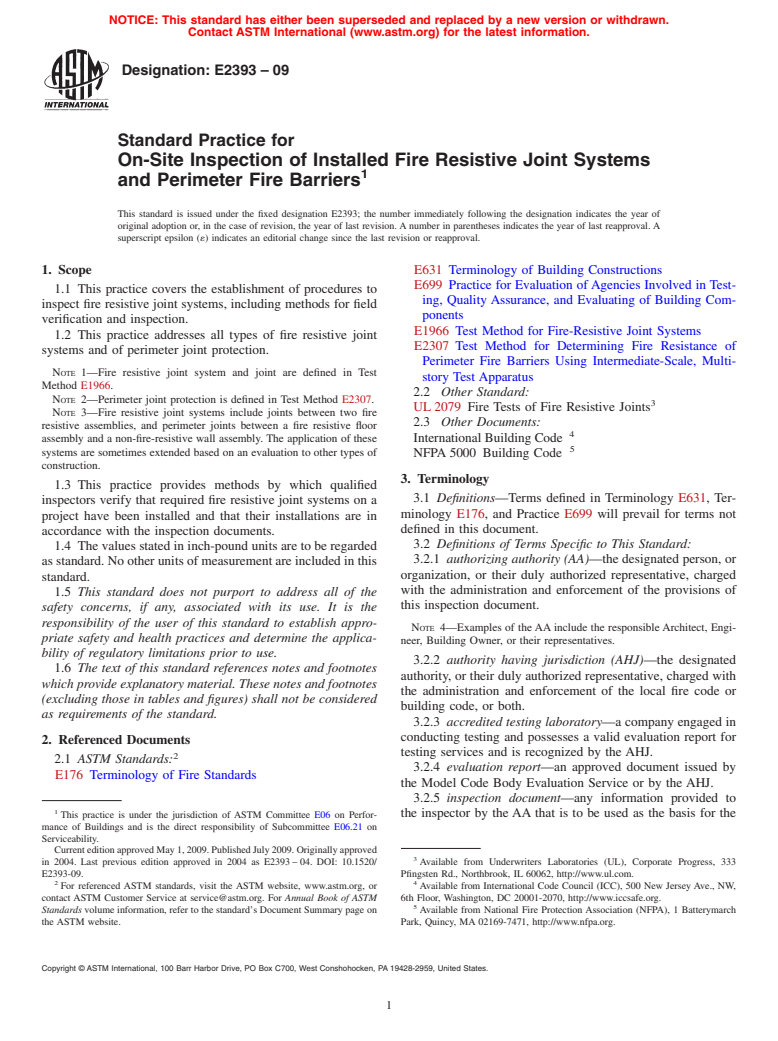 ASTM E2393-09 - Standard Practice for On-Site Inspection of Installed Fire Resistive Joint Systems and Perimeter Fire Barriers