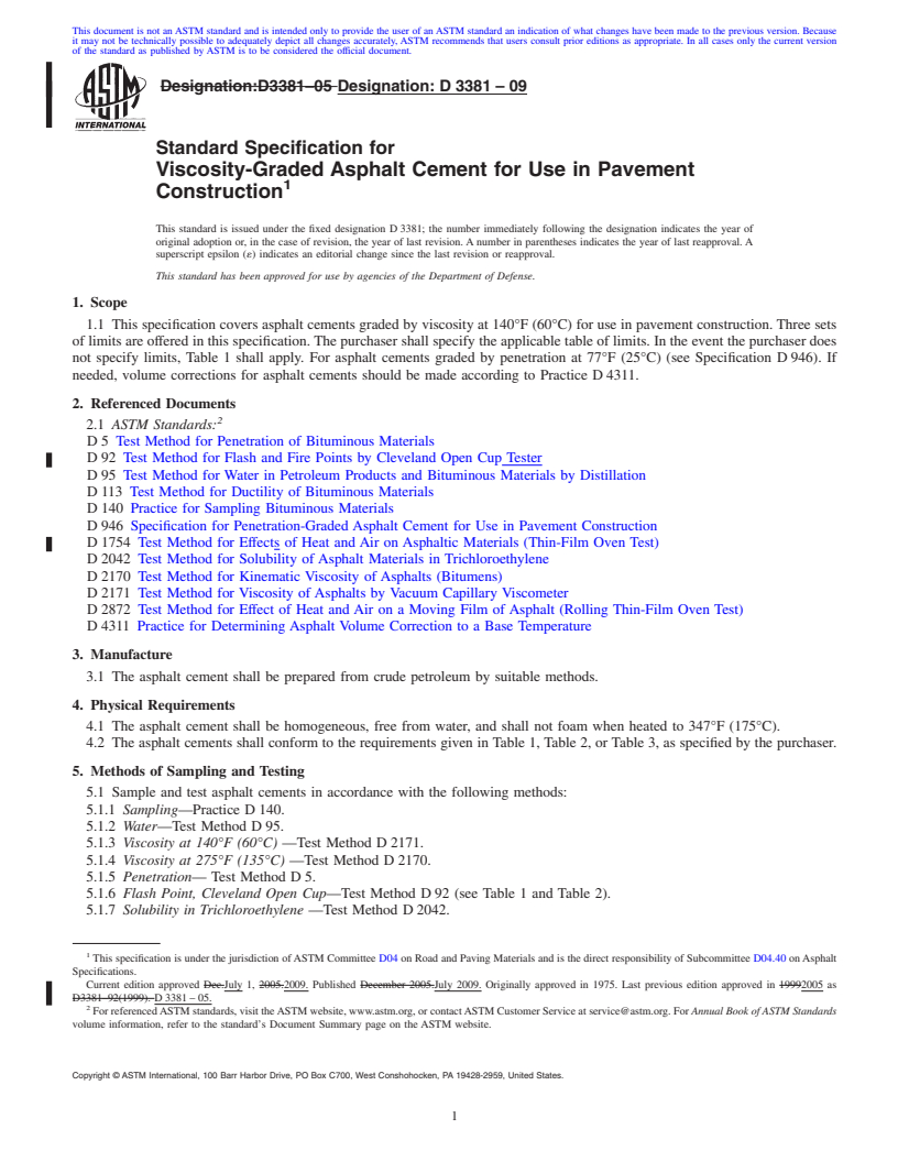 REDLINE ASTM D3381-09 - Standard Specification for Viscosity-Graded Asphalt Cement for Use in Pavement Construction