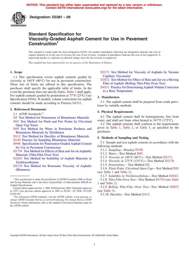 ASTM D3381-09 - Standard Specification for Viscosity-Graded Asphalt Cement for Use in Pavement Construction