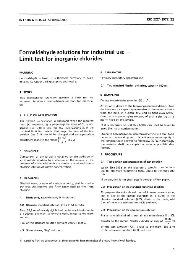 ISO 2221:1972 - Formaldehyde solutions for industrial use -- Limit test for inorganic chlorides