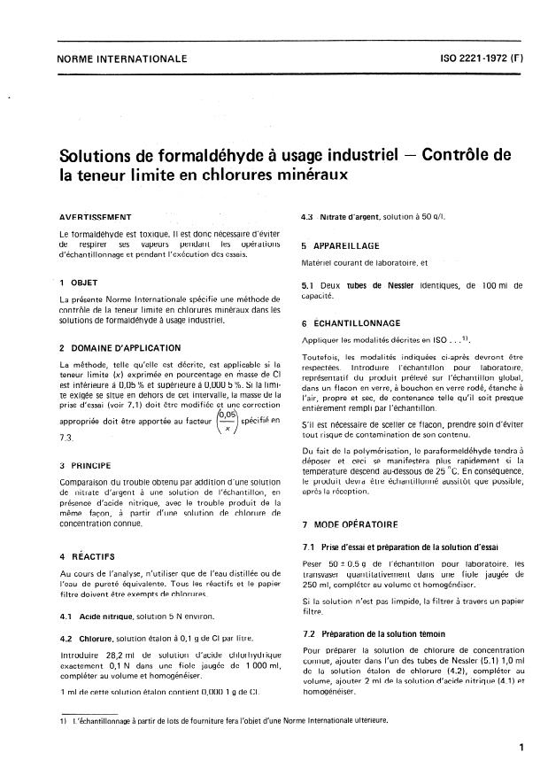 ISO 2221:1972 - Solutions de formaldéhyde a usage industriel -- Contrôle de la teneur limite en chlorures minéraux