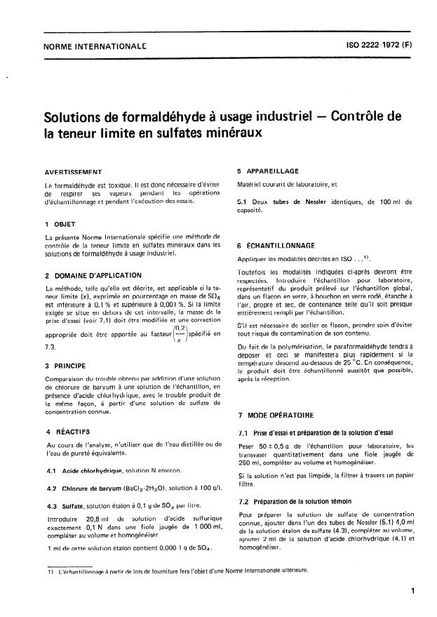 ISO 2222:1972 - Solutions de formaldéhyde a usage industriel -- Contrôle de la teneur limite en sulfates minéraux