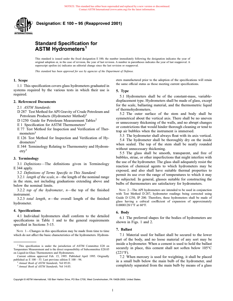 ASTM E100-95(2001) - Standard Specification for ASTM Hydrometers