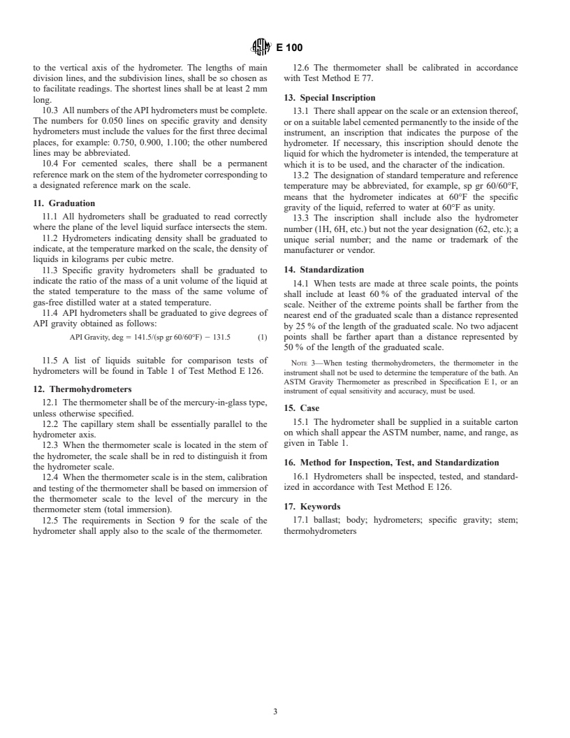 ASTM E100-95(2001) - Standard Specification for ASTM Hydrometers