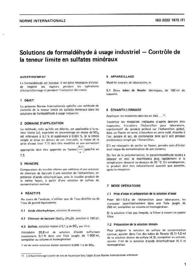 ISO 2222:1972 - Solutions de formaldéhyde a usage industriel -- Contrôle de la teneur limite en sulfates minéraux