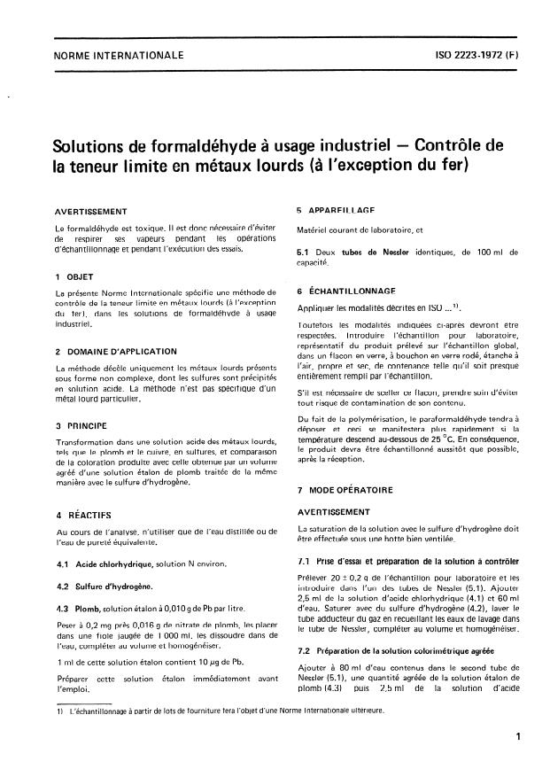 ISO 2223:1972 - Solutions de formaldéhyde a usage industriel -- Contrôle de la teneur limite en métaux lourds (a l'exception du fer)
