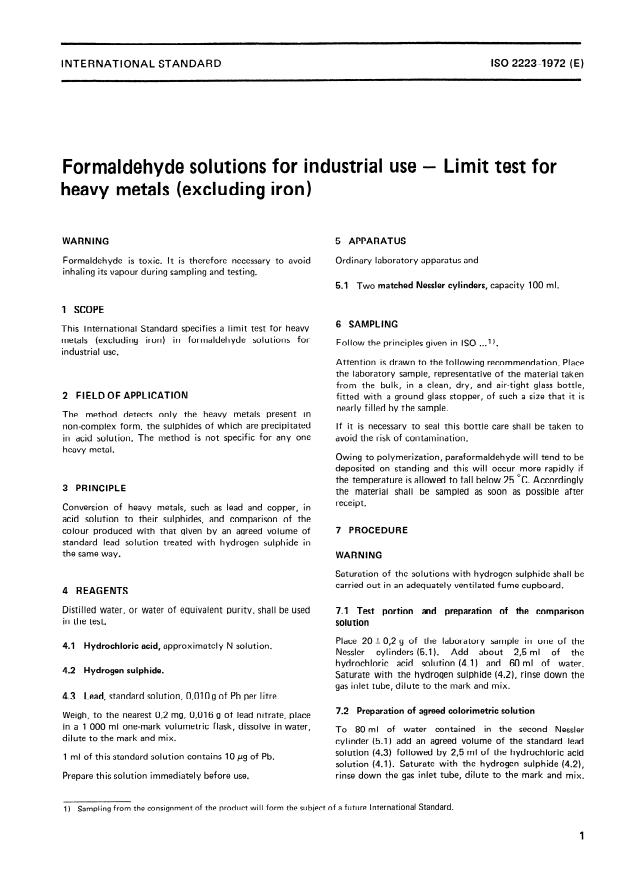 ISO 2223:1972 - Formaldehyde solutions for industrial use -- Limit test for heavy metals (excluding iron)