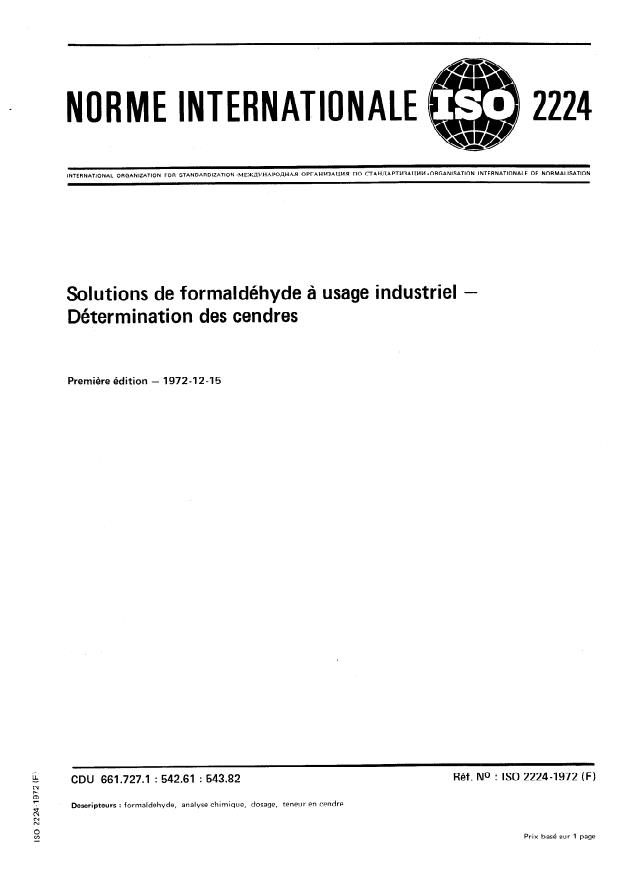ISO 2224:1972 - Solutions de formaldéhyde a usage industriel -- Détermination des cendres
