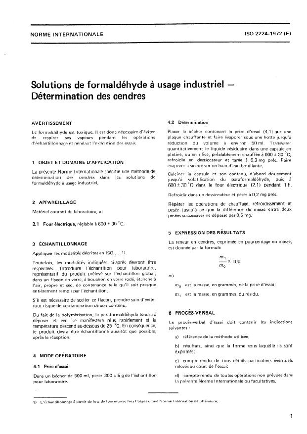 ISO 2224:1972 - Solutions de formaldéhyde a usage industriel -- Détermination des cendres