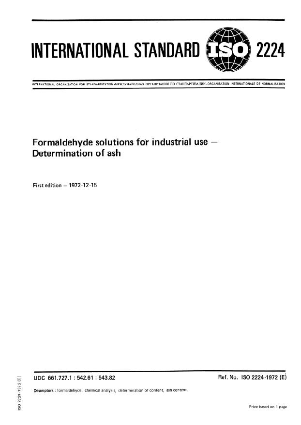 ISO 2224:1972 - Formaldehyde solutions for industrial use -- Determination of ash