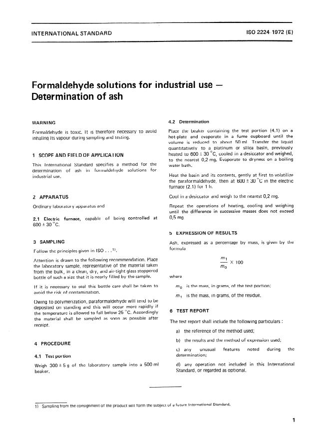 ISO 2224:1972 - Formaldehyde solutions for industrial use -- Determination of ash