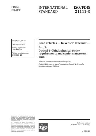 ISO/FDIS 21111-3 - Road vehicles -- In-vehicle Ethernet