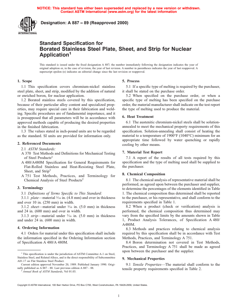 ASTM A887-89(2000) - Standard Specification for Borated Stainless Steel Plate, Sheet, and Strip for Nuclear Application