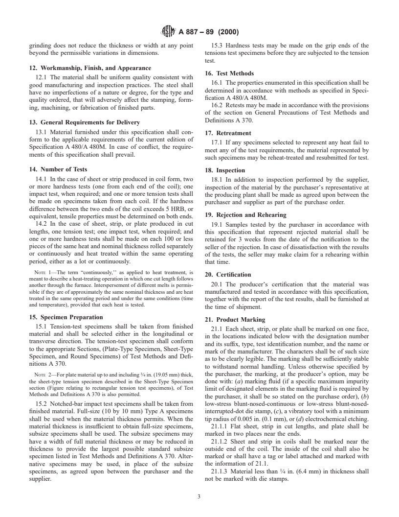 ASTM A887-89(2000) - Standard Specification for Borated Stainless Steel Plate, Sheet, and Strip for Nuclear Application