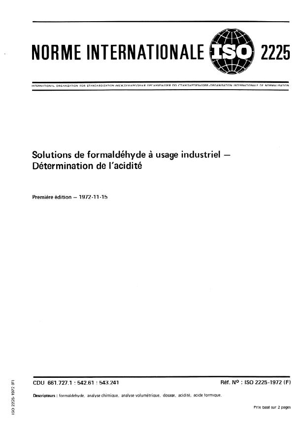 ISO 2225:1972 - Solutions de formaldéhyde a usage industriel -- Détermination de l'acidité