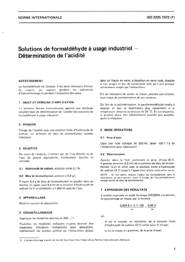 ISO 2225:1972 - Solutions de formaldéhyde a usage industriel -- Détermination de l'acidité