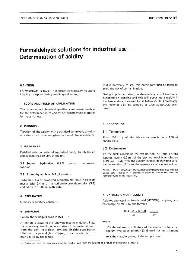 ISO 2225:1972 - Formaldehyde solutions for industrial use -- Determination of acidity