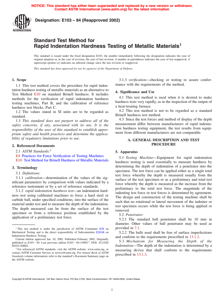 ASTM E103-84(2002) - Standard Test Method for Rapid Indentation Hardness Testing of Metallic Materials (Withdrawn 2011)