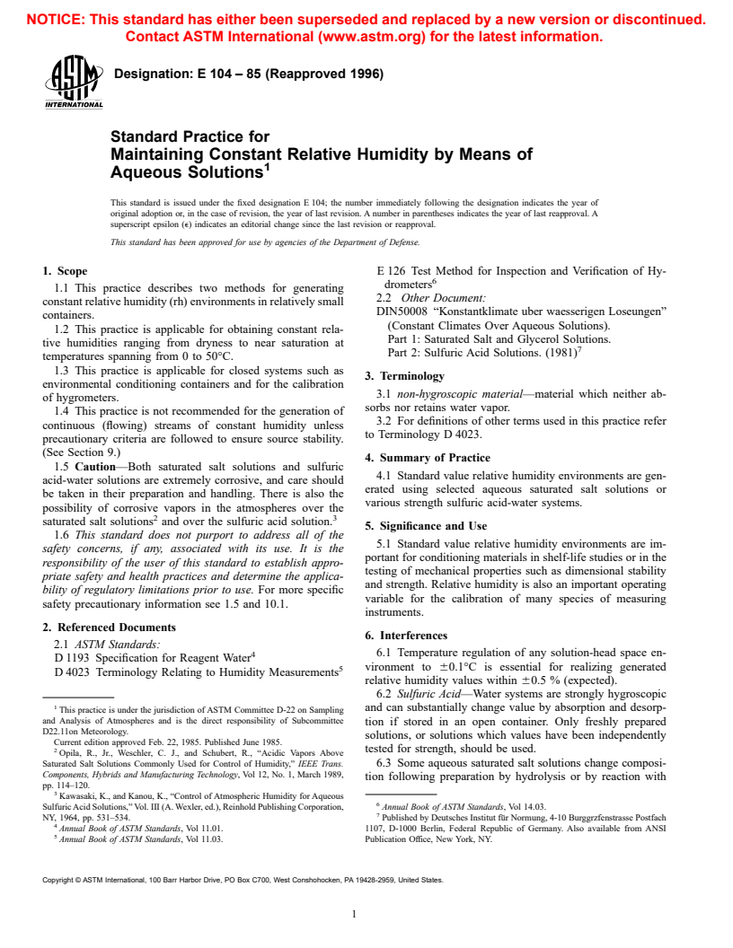 ASTM E104-85(1996) - Standard Practice for Maintaining Constant Relative Humidity by Means of Aqueous Solutions