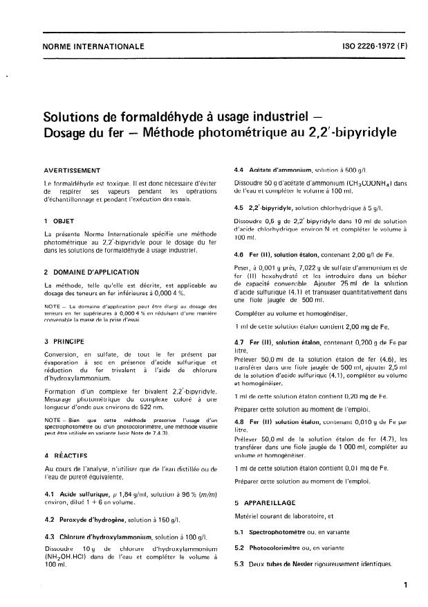 ISO 2226:1972 - Solutions de formaldéhyde a usage industriel -- Dosage du fer -- Méthode photométrique au 2,2'- bipyridyle