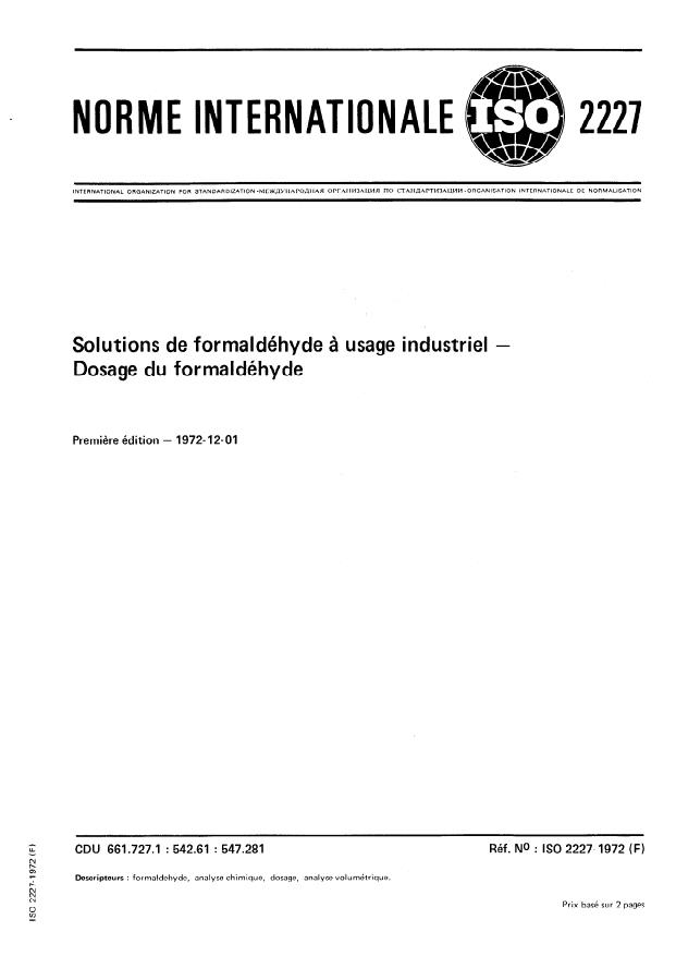 ISO 2227:1972 - Solutions de formaldéhyde a usage industriel -- Dosage du formaldéhyde