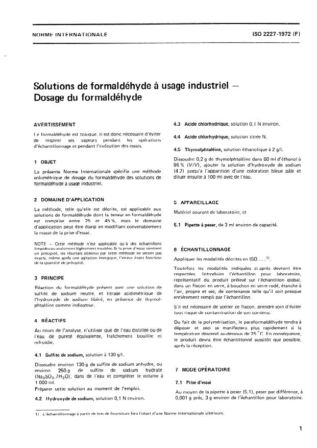 ISO 2227:1972 - Solutions de formaldéhyde a usage industriel -- Dosage du formaldéhyde
