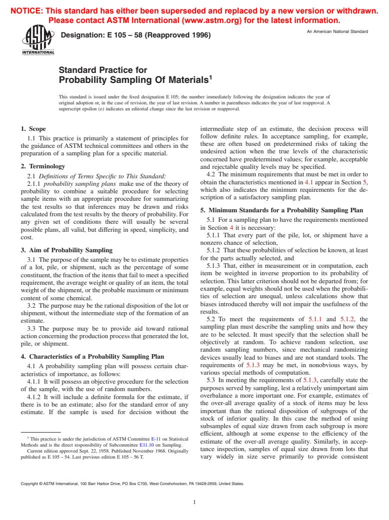 ASTM E105-58(1996) - Standard Practice for Probability Sampling Of Materials