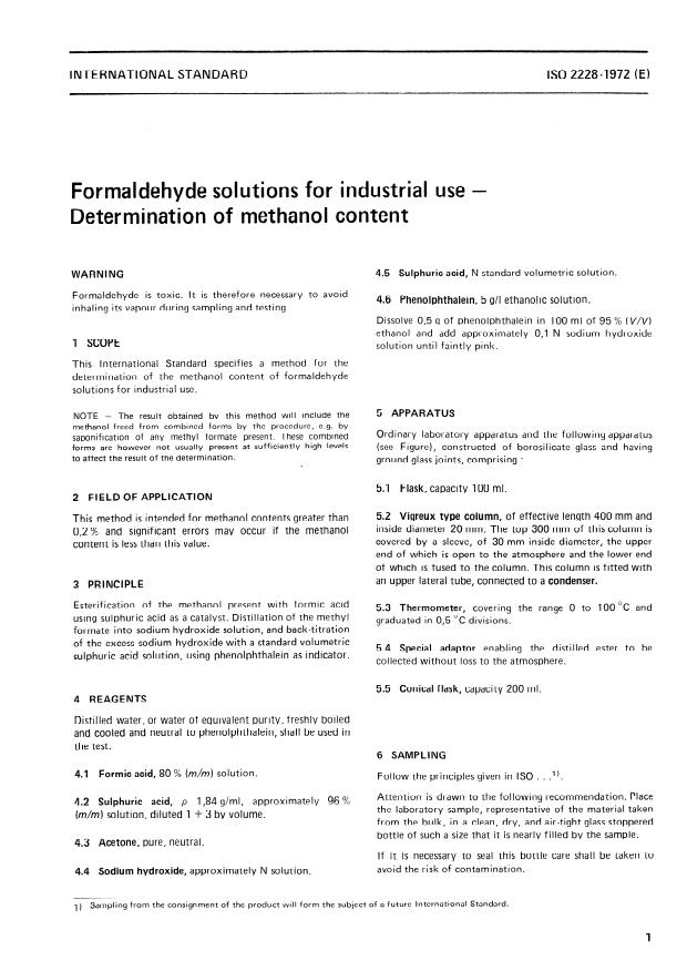 ISO 2228:1972 - Formaldehyde solutions for industrial use -- Determination of methanol content