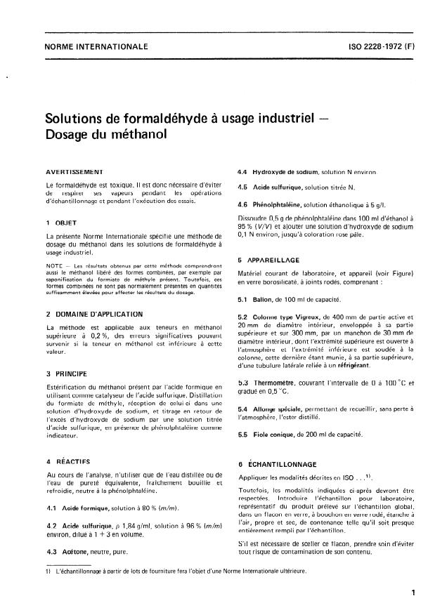 ISO 2228:1972 - Solutions de formaldéhyde a usage industriel -- Dosage du méthanol