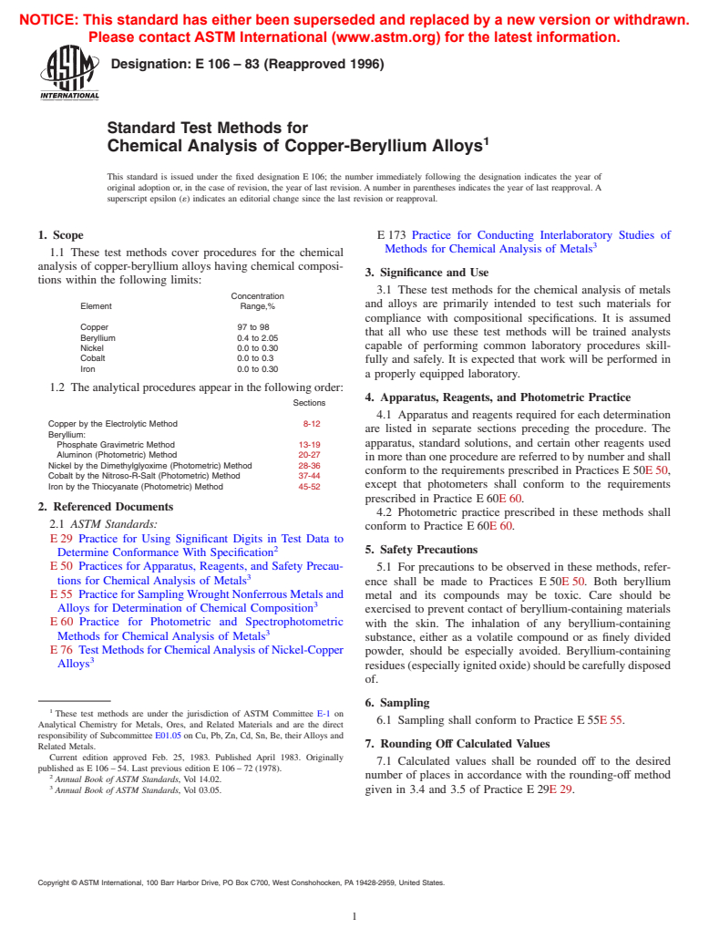 ASTM E106-83(1996) - Standard Test Methods for Chemical Analysis of Copper-Beryllium Alloys