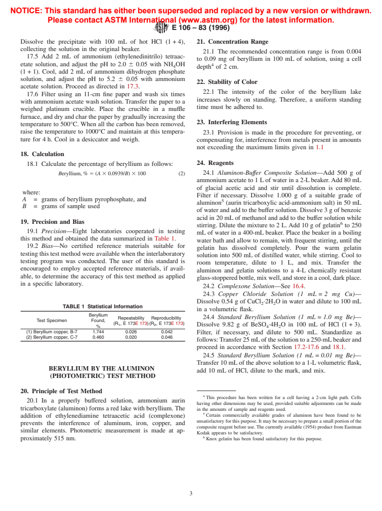 ASTM E106-83(1996) - Standard Test Methods for Chemical Analysis of Copper-Beryllium Alloys