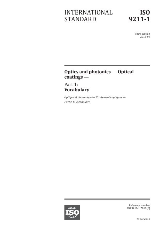 ISO 9211-1:2018 - Optics and photonics -- Optical coatings