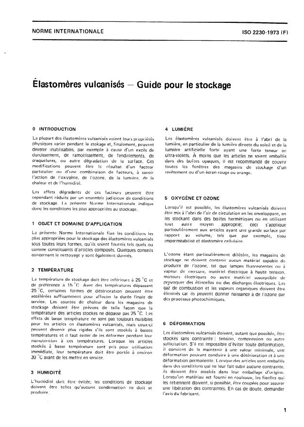 ISO 2230:1973 - Élastomeres vulcanisés -- Guide pour le stockage