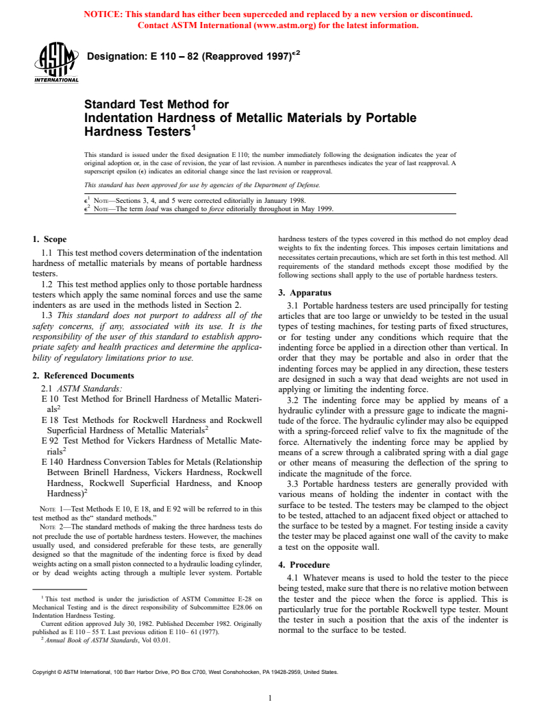 ASTM E110-82(1997)e2 - Standard Test Method for Indentation Hardness of Metallic Materials by Portable Hardness Testers