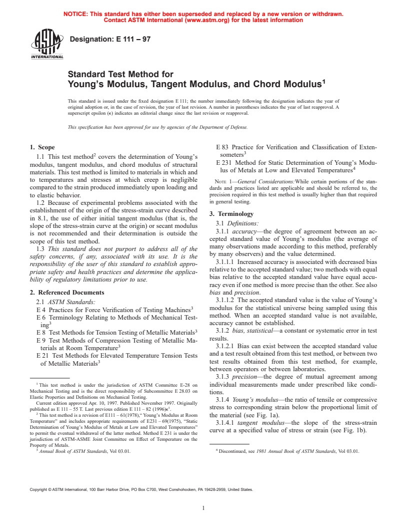 ASTM E111-97 - Standard Test Method for Young's Modulus, Tangent Modulus, and Chord Modulus