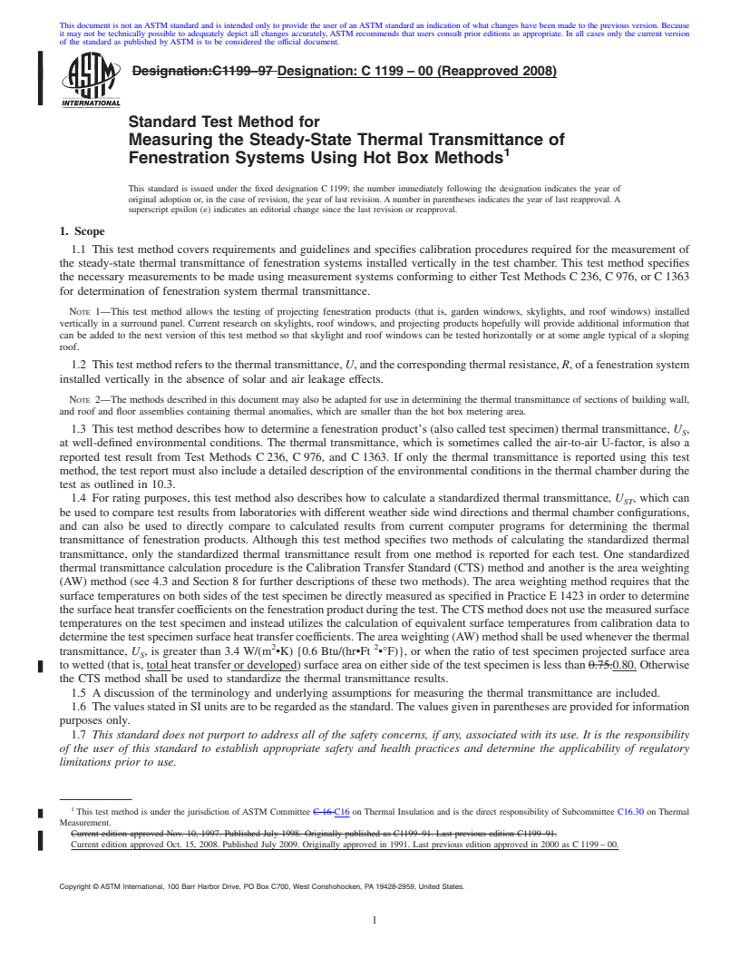 REDLINE ASTM C1199-00(2008) - Standard Test Method for Measuring the Steady-State Thermal Transmittance of Fenestration Systems Using Hot Box Methods