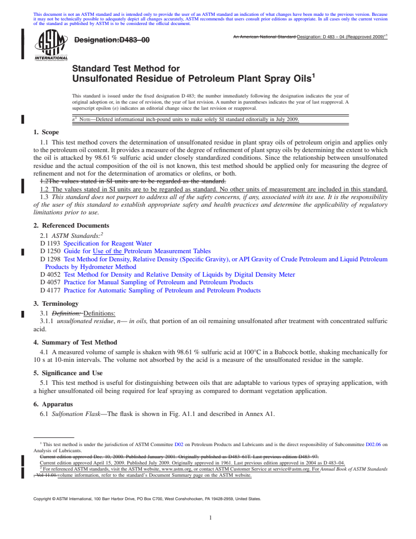 REDLINE ASTM D483-04(2009)e1 - Standard Test Method for Unsulfonated Residue of Petroleum Plant Spray Oils