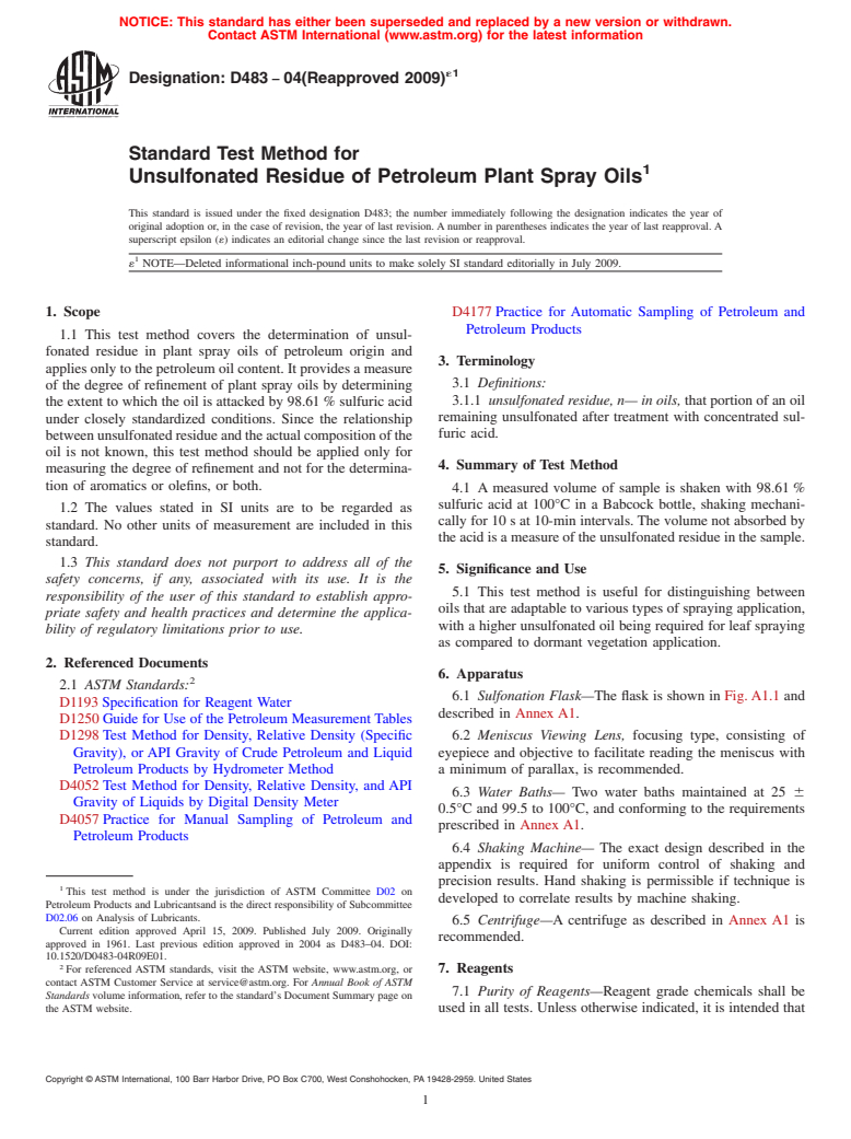 ASTM D483-04(2009)e1 - Standard Test Method for Unsulfonated Residue of Petroleum Plant Spray Oils