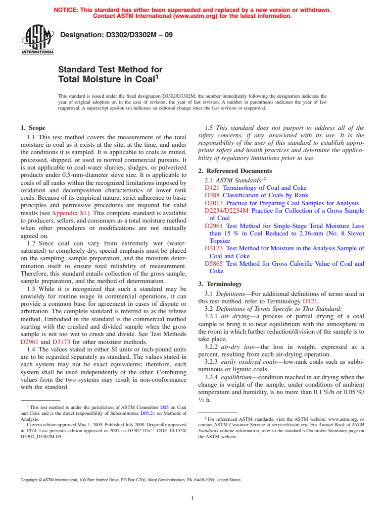 ASTM D3302/D3302M-09 - Standard Test Method for Total Moisture in Coal