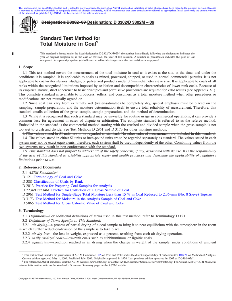 REDLINE ASTM D3302/D3302M-09 - Standard Test Method for Total Moisture in Coal