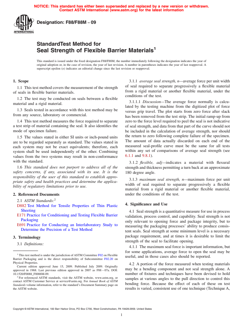 ASTM F88/F88M-09 - Standard Test Method for Seal Strength of Flexible Barrier Materials