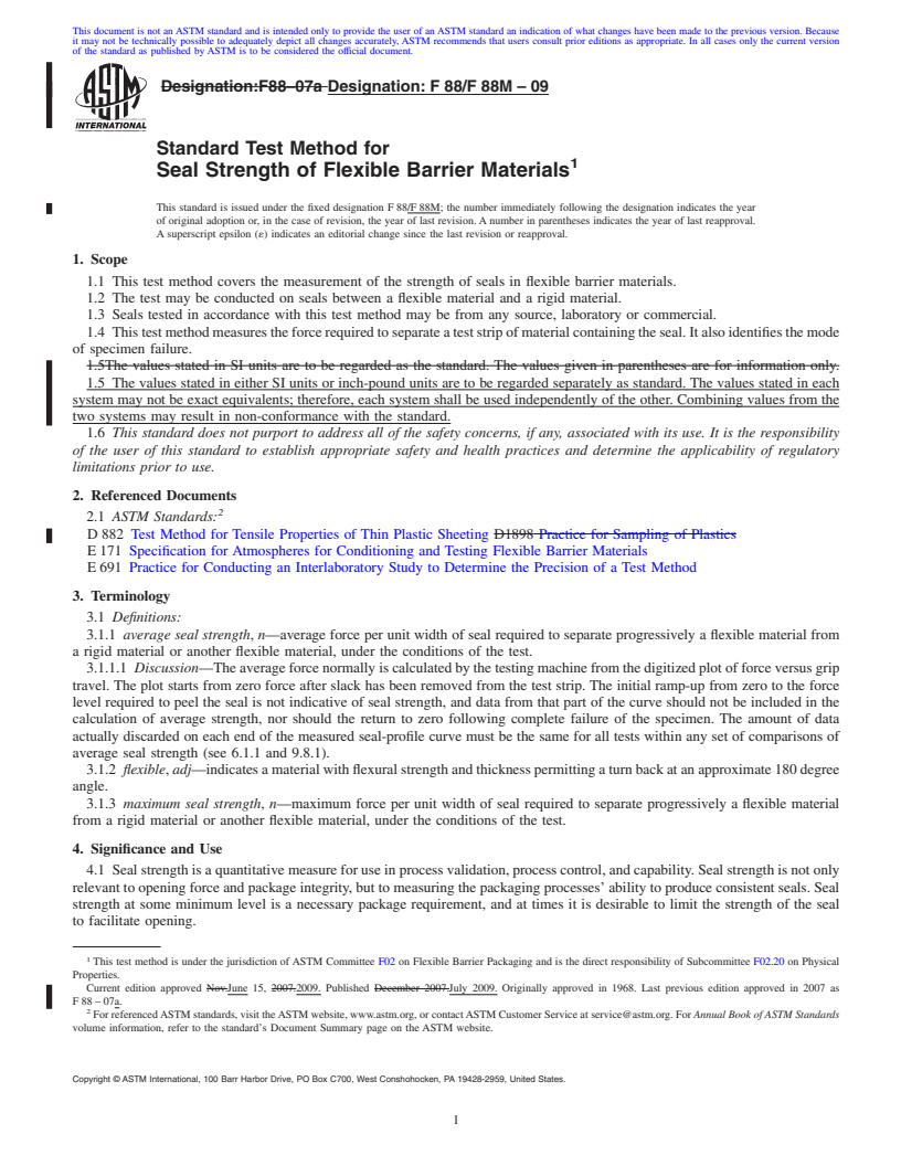 REDLINE ASTM F88/F88M-09 - Standard Test Method for Seal Strength of Flexible Barrier Materials