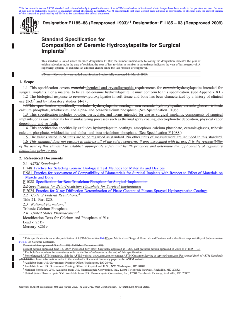 REDLINE ASTM F1185-03(2009) - Standard Specification for Composition of Hydroxylapatite for Surgical Implants