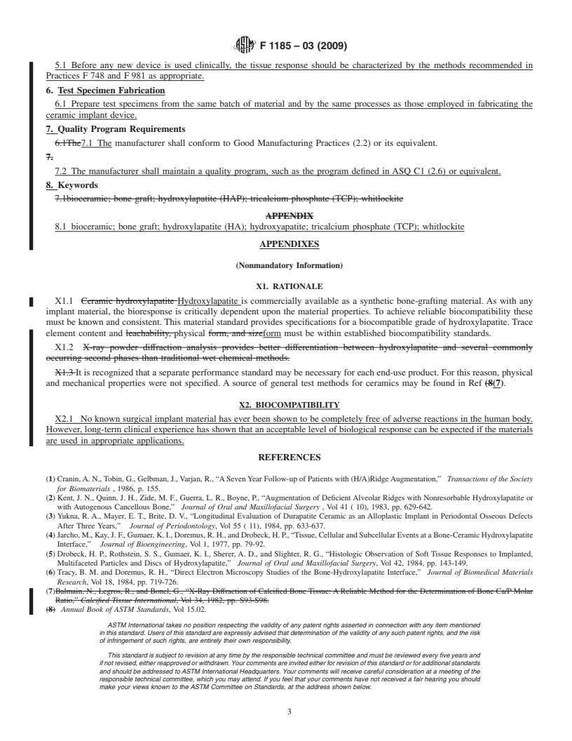 REDLINE ASTM F1185-03(2009) - Standard Specification for Composition of Hydroxylapatite for Surgical Implants