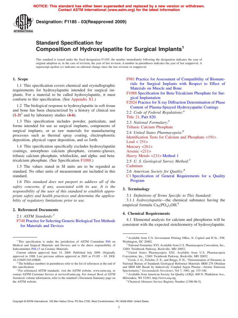 ASTM F1185-03(2009) - Standard Specification for Composition of Hydroxylapatite for Surgical Implants