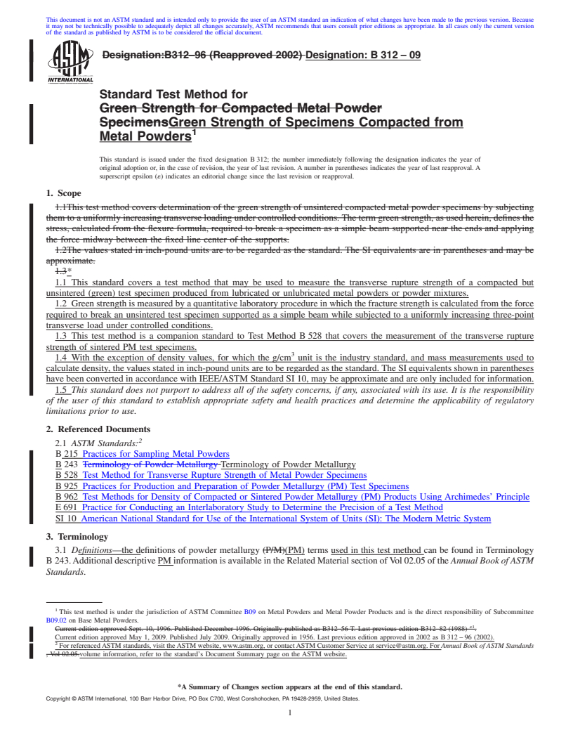 REDLINE ASTM B312-09 - Standard Test Method for Green Strength of Specimens Compacted from Metal Powders