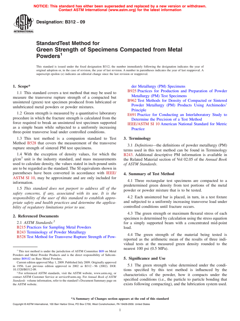 ASTM B312-09 - Standard Test Method for Green Strength of Specimens Compacted from Metal Powders