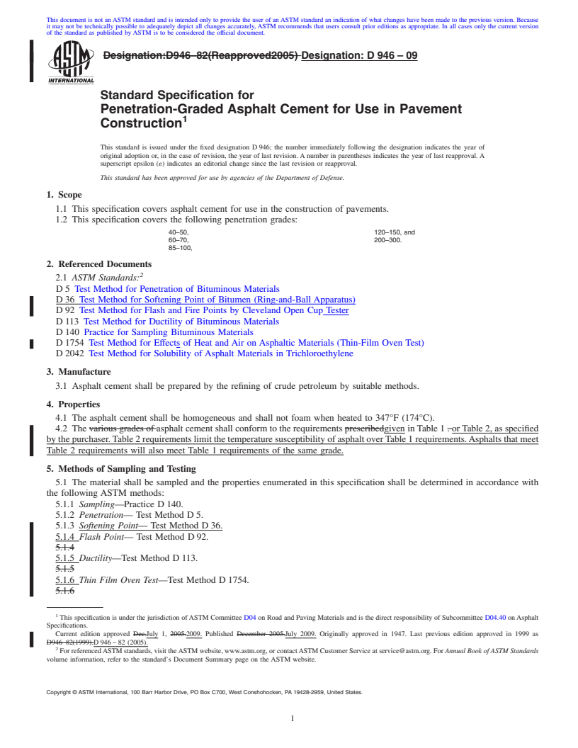 REDLINE ASTM D946-09 - Standard Specification for Penetration-Graded Asphalt Cement for Use in Pavement Construction