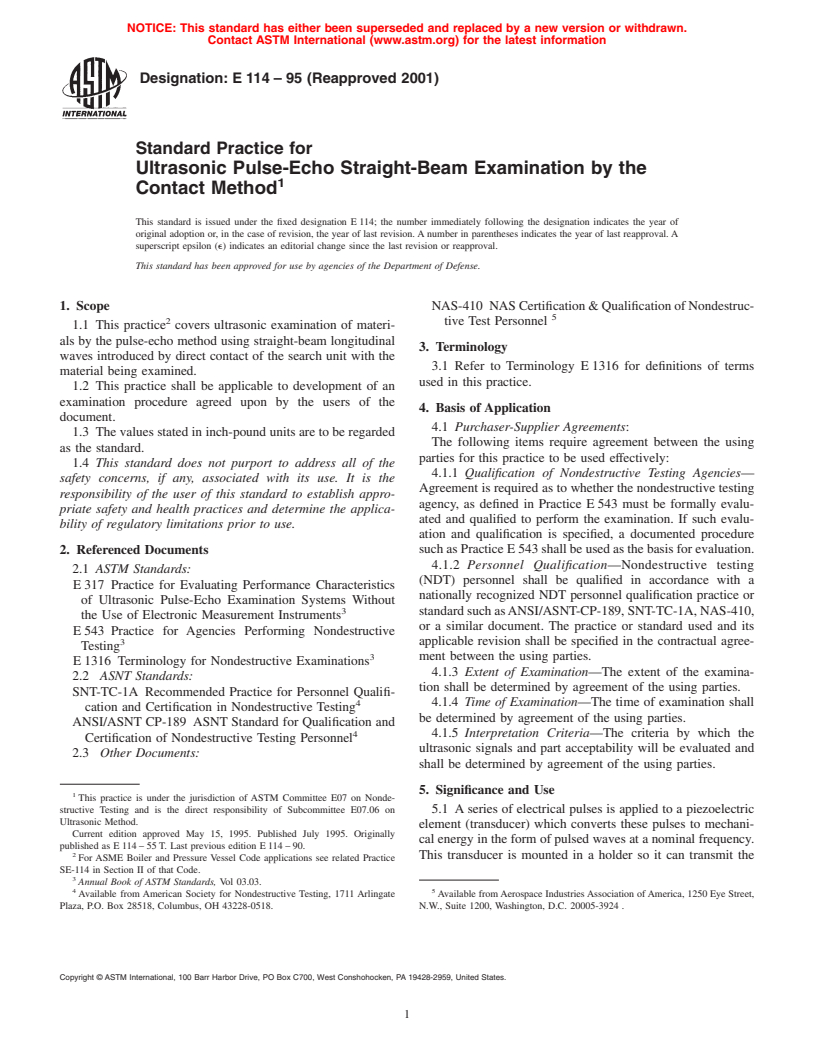 ASTM E114-95(2001) - Standard Practice for Ultrasonic Pulse-Echo Straight-Beam Examination by the Contact Method