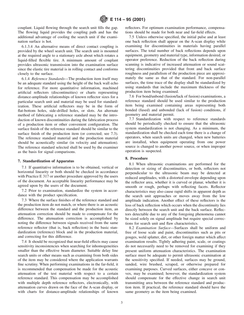 ASTM E114-95(2001) - Standard Practice for Ultrasonic Pulse-Echo Straight-Beam Examination by the Contact Method